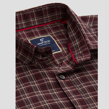 5thanfold Men's Formal Pure Cotton Full Sleeve Checkered Maroon Slim Fit Shirt