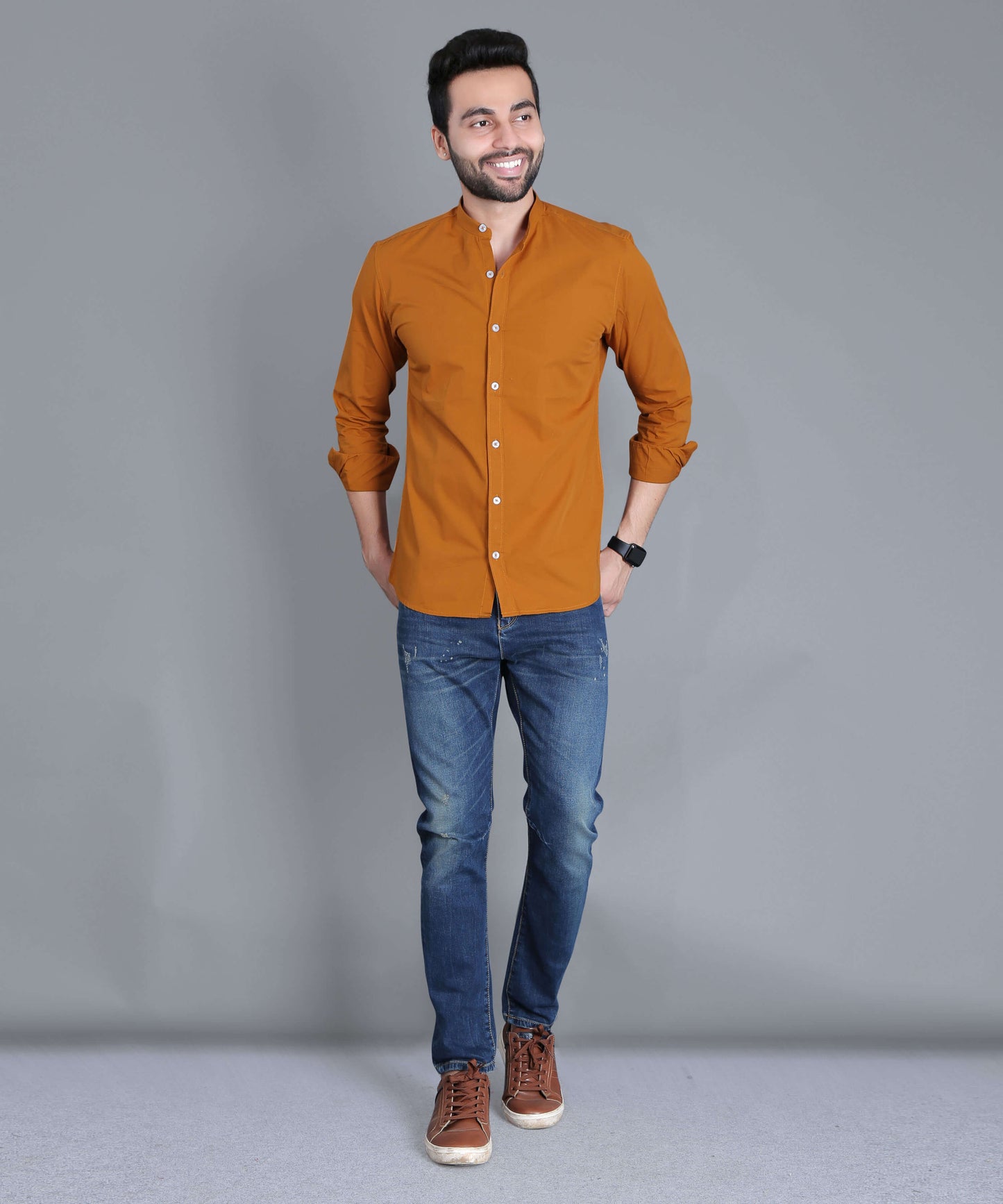 5thanfold Men's Casual Orange Full Sleeve Pure Cotton Mandarin Collar Shirt (No Pocket)