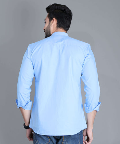 5thanfold Men's Casual Sky Blue Full Sleeve Pure Cotton Mandarin Collar Shirt (No Pocket)