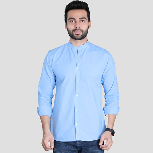 5thanfold Men's Casual Sky Blue Full Sleeve Pure Cotton Mandarin Collar Shirt (No Pocket)