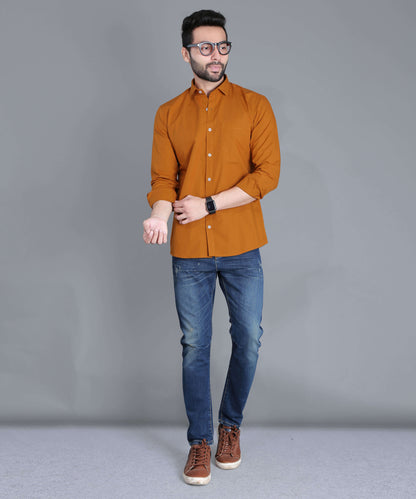 5thanfold Men's Casual Pure Cotton Full Sleeve Solid Copper Brown Slim Fit Shirt