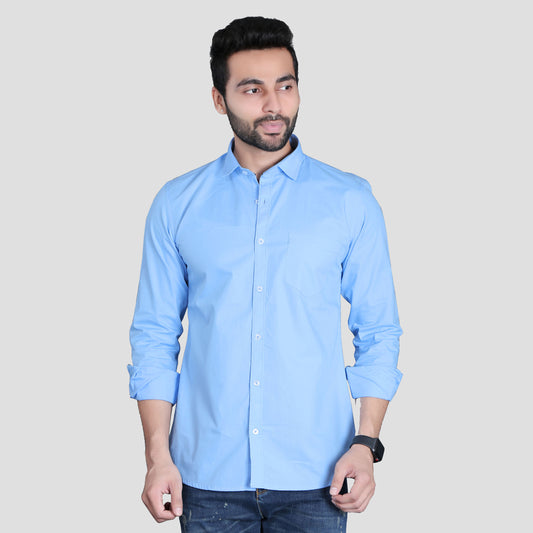 5thanfold Men's Casual Pure Cotton Full Sleeve Solid Sky Blue Slim Fit Shirt