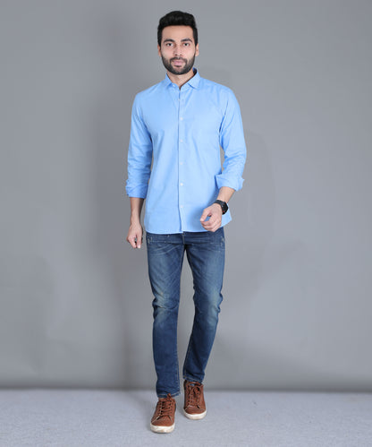 5thanfold Men's Casual Pure Cotton Full Sleeve Solid Sky Blue Slim Fit Shirt