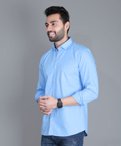 5thanfold Men's Casual Pure Cotton Full Sleeve Solid Sky Blue Slim Fit Shirt