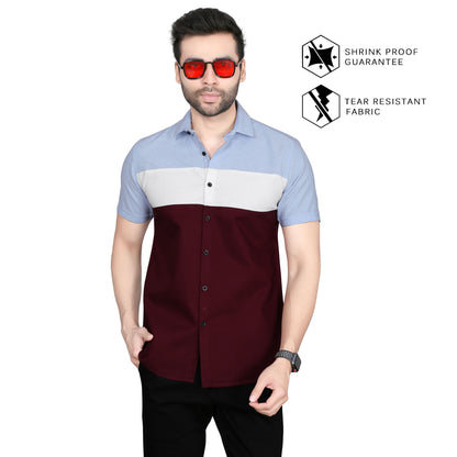 5thanfold Men's Formal Pure Cotton Half horizontal strip Half Sleeve Maroon  Slim Fit Shirt