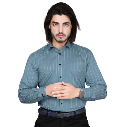 5thanfold Men's Formal Pure Cotton Full Sleeve Striped Sky Blue Slim Fit Shirt