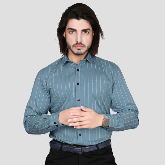 5thanfold Men's Formal Pure Cotton Full Sleeve Striped Sky Blue Slim Fit Shirt