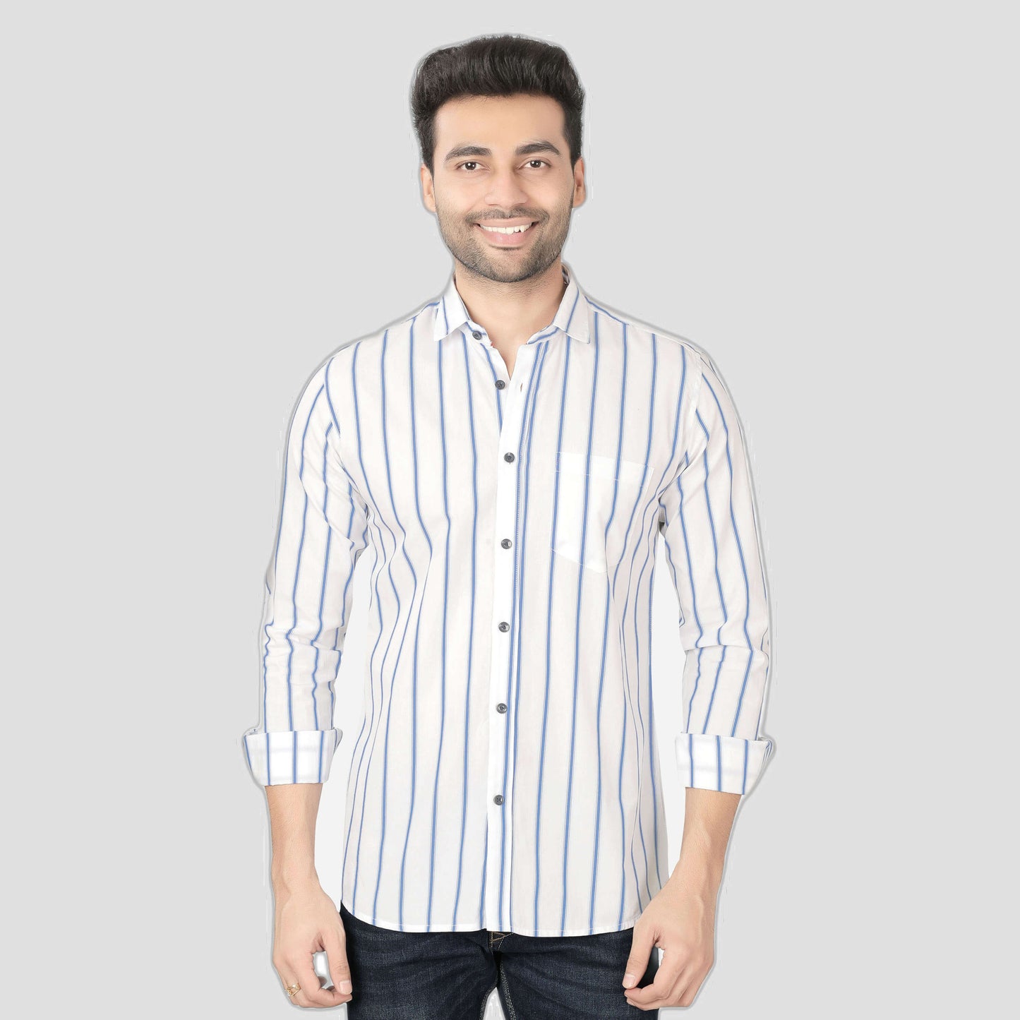 5thanfold Men's Casual Pure Cotton Full Sleeve Striped White Slim Fit Shirt