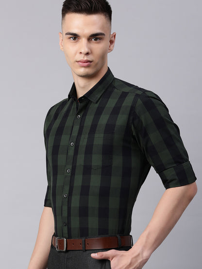 5thanfold Men's Formal Pure Cotton Full Sleeve Checkered Green Slim Fit Shirt