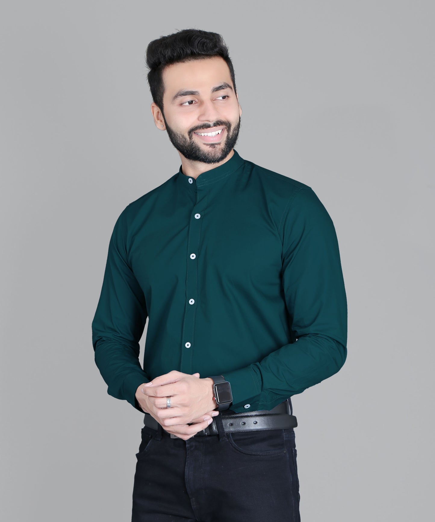 5thanfold Men's Formal Pekok Green Full Sleeve Pure Cotton Mandarin Collar Shirt (No Pocket)