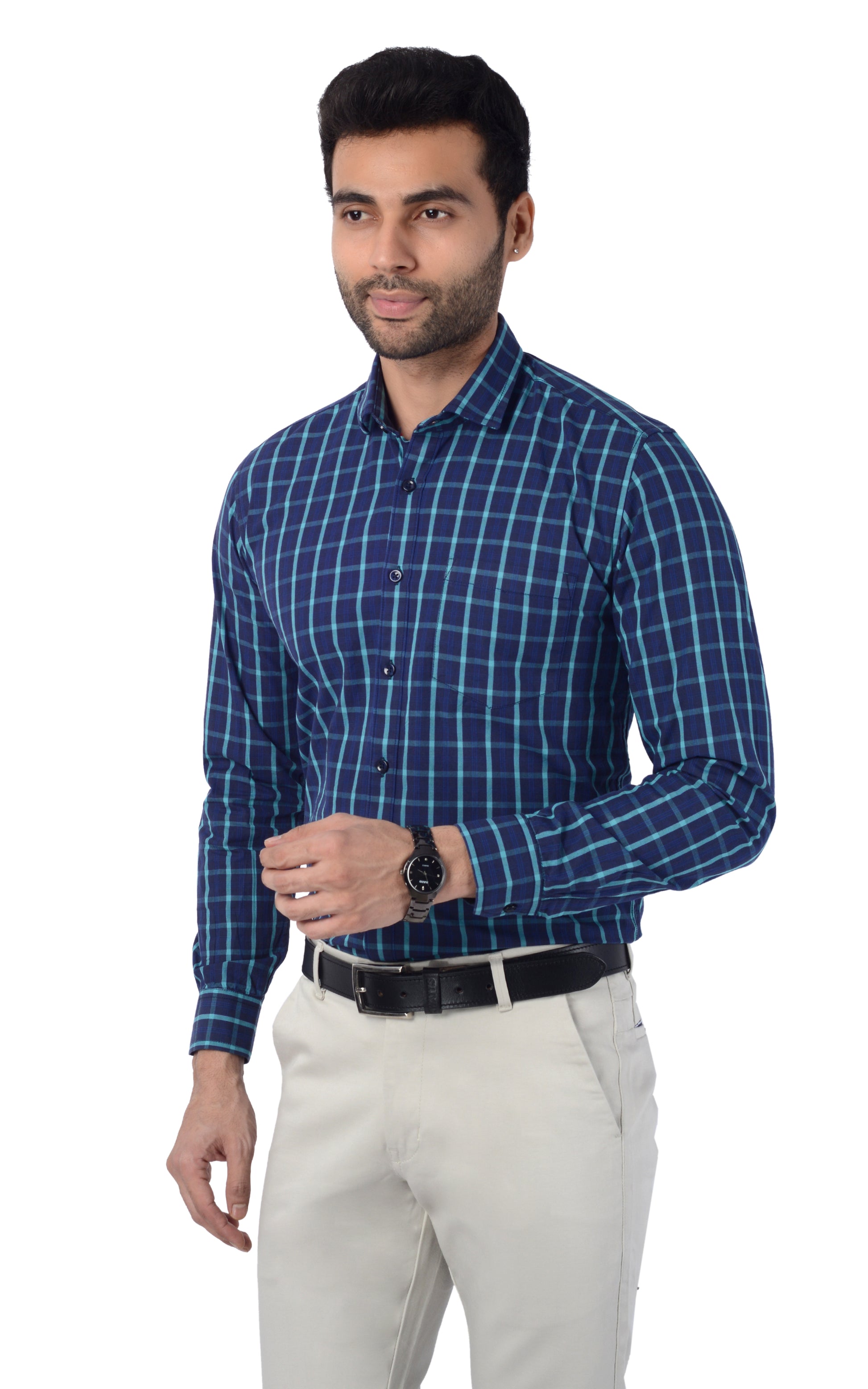5thanfold Men's Formal  Pure Cotton Full Sleeve Checkered Blue Slim Fit Shirt