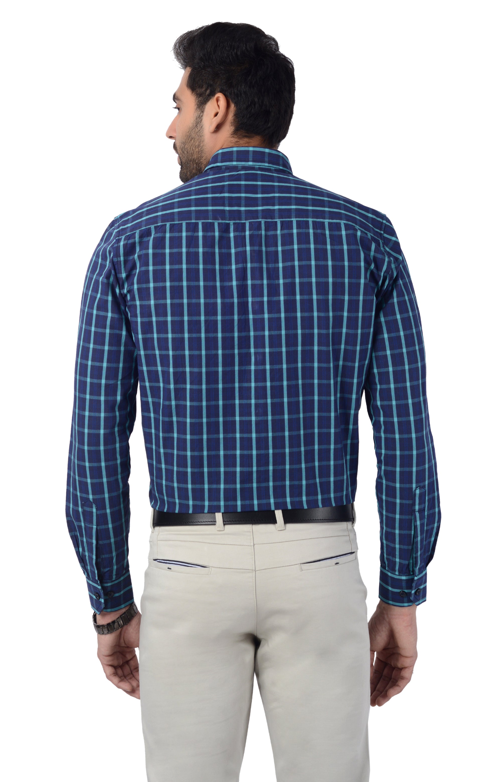 5thanfold Men's Formal  Pure Cotton Full Sleeve Checkered Blue Slim Fit Shirt