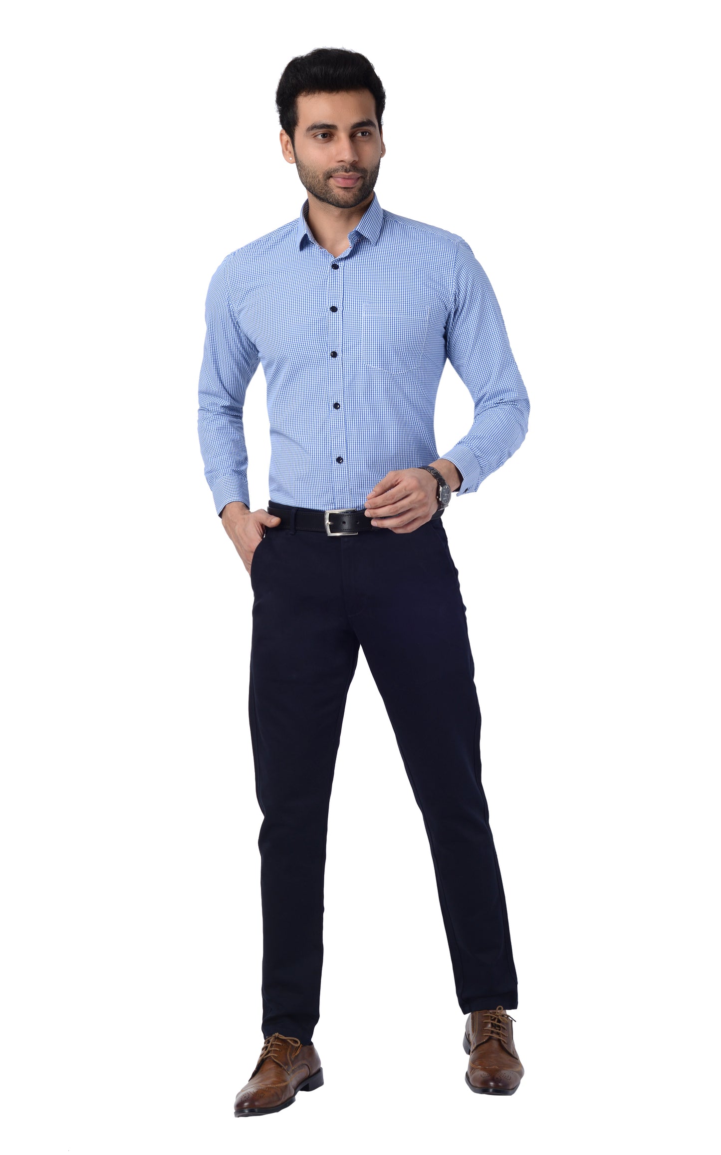 5thanfold Men's Formal Pure Cotton Full Sleeve Checkered Blue Slim Fit Shirt