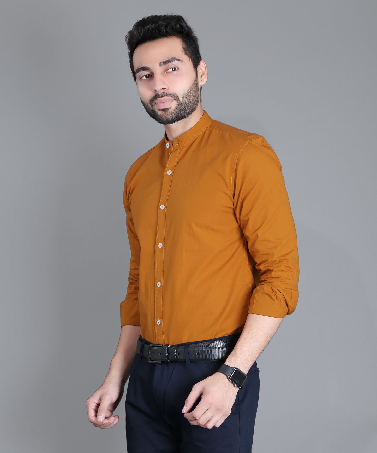 5thanfold Men's Formal Orange Full Sleeve Pure Cotton Mandarin Collar Shirt (No Pocket)
