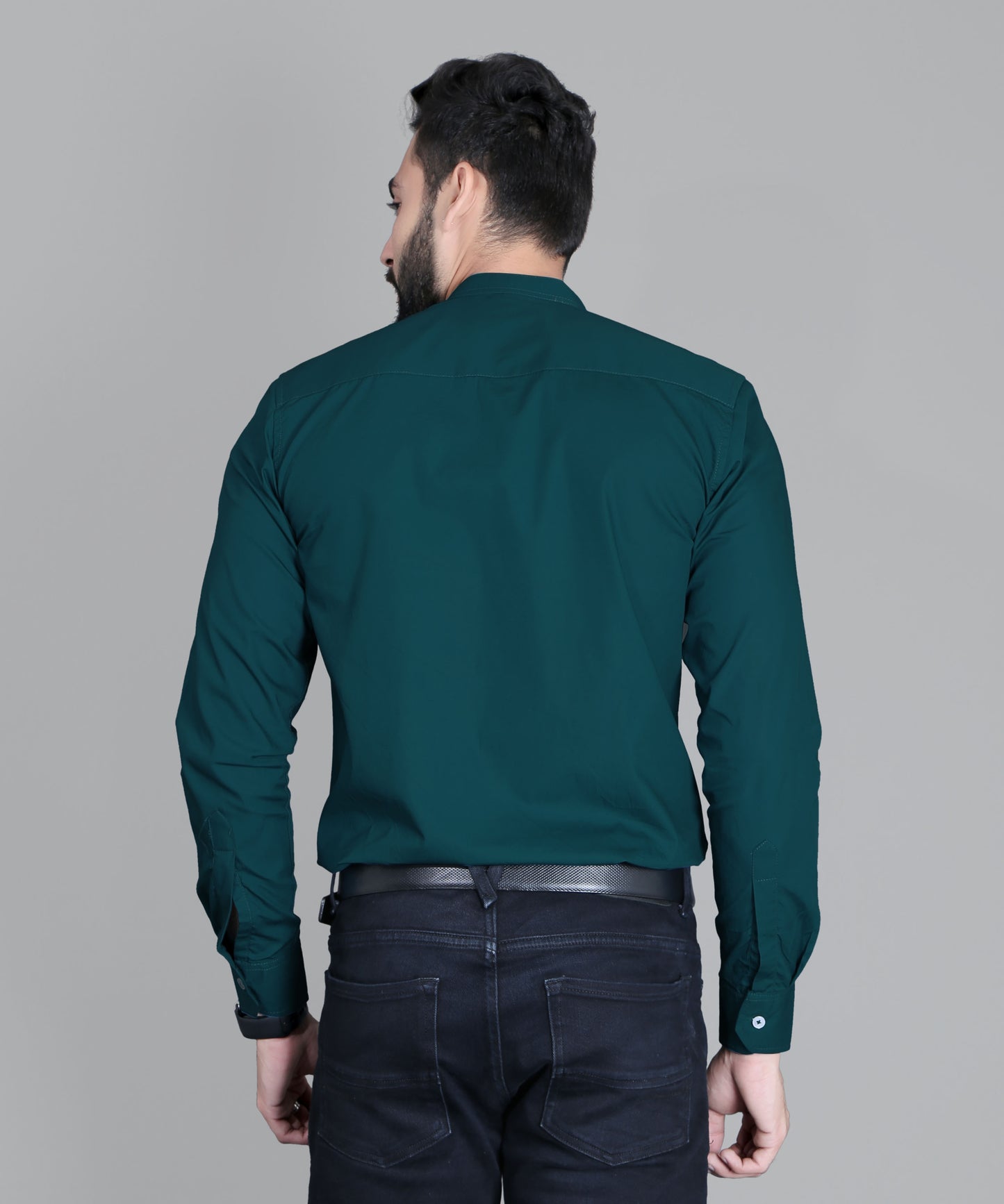 5thanfold Men's Formal Pekok Green Full Sleeve Pure Cotton Mandarin Collar Shirt (No Pocket)
