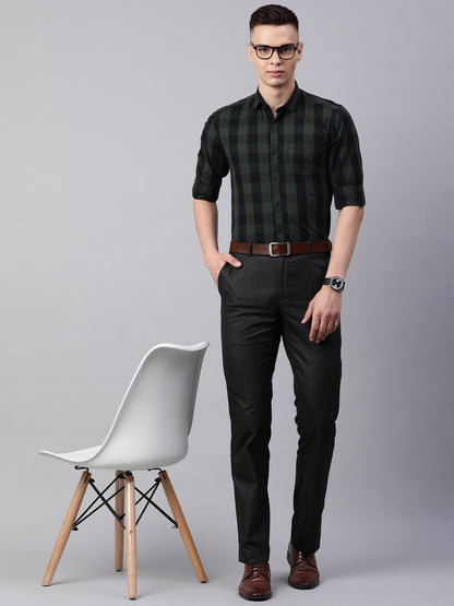 5thanfold Men's Formal Pure Cotton Full Sleeve Checkered Green Slim Fit Shirt