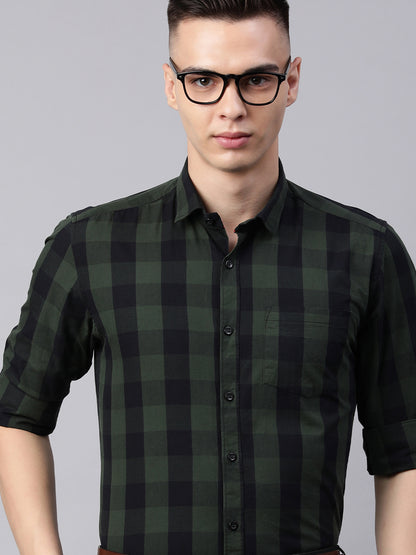 5thanfold Men's Formal Pure Cotton Full Sleeve Checkered Green Slim Fit Shirt