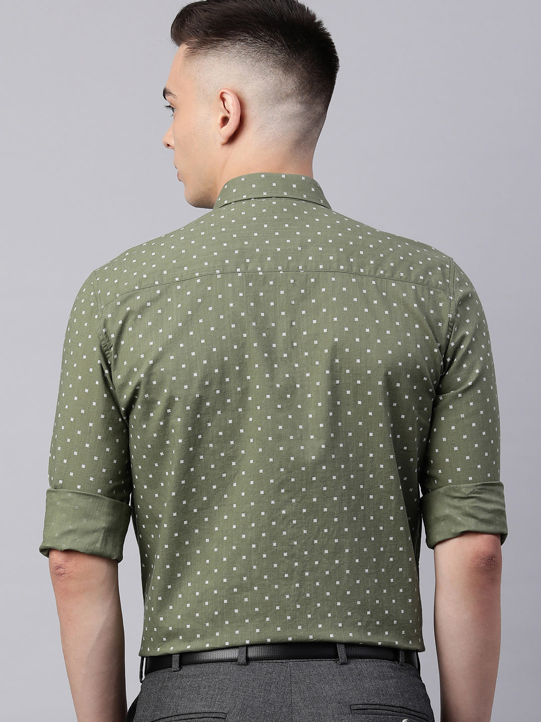 5thanfold Men's Formal Pure Cotton Full Sleeve Polka Print Green Slim Fit Shirt
