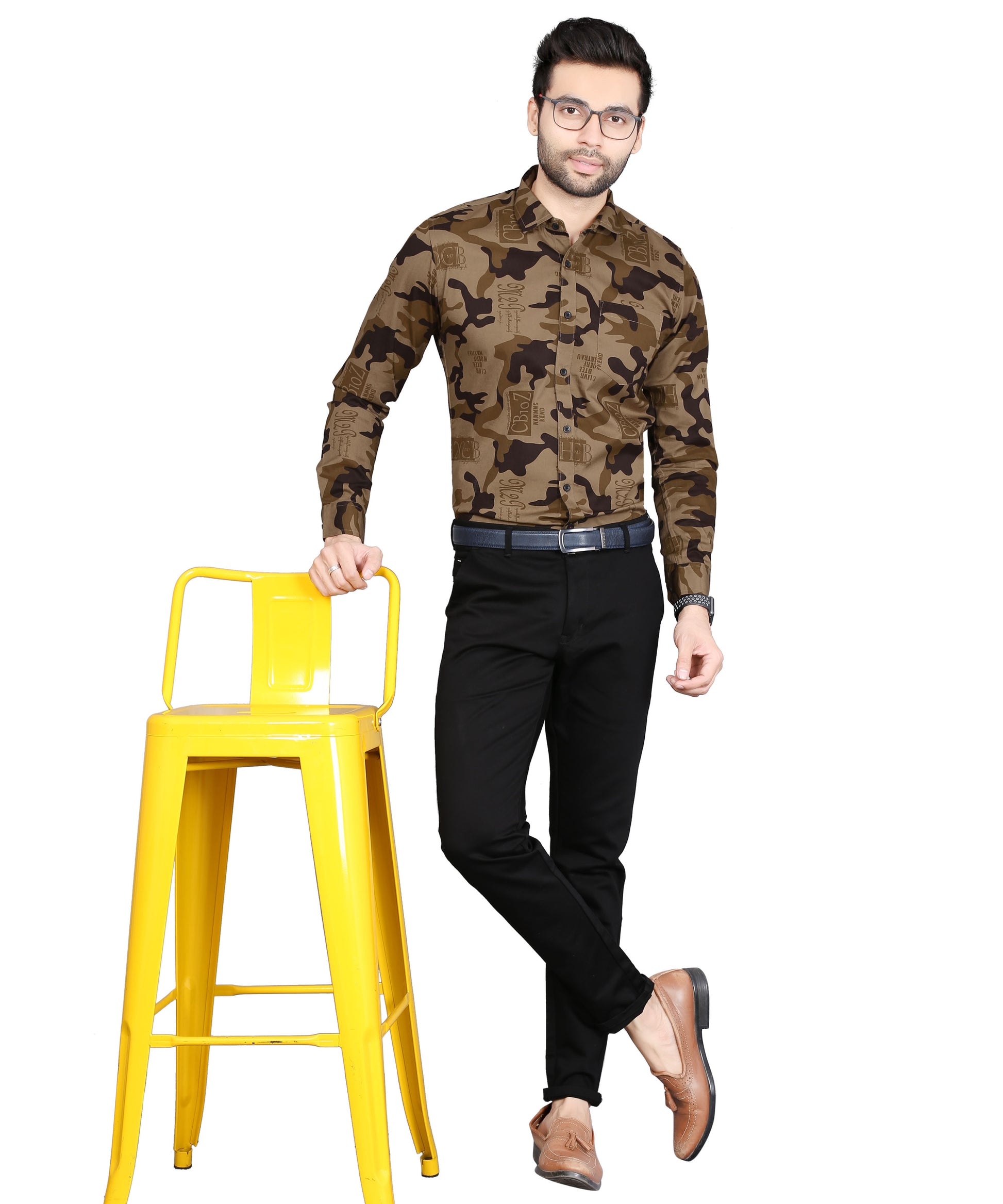 5thanfold Men's Formal Pure Cotton Full Sleeve Printed Brown Slim Fit Shirt
