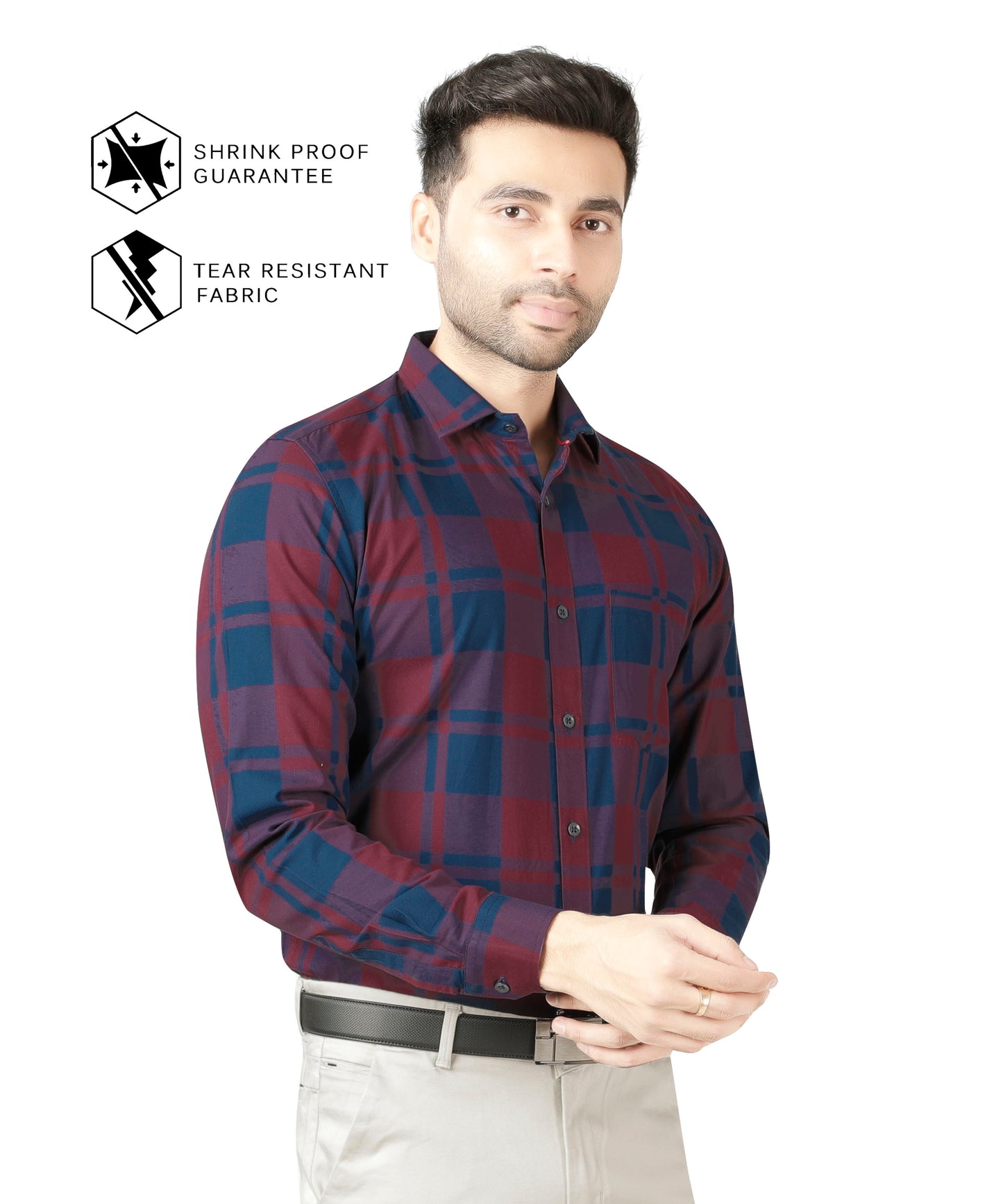 5thanfold Men's Formal  Pure Cotton Full Sleeve Checkered Red Slim Fit Shirt