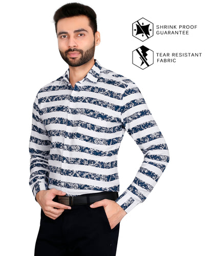 5thanfold Men's Formal Pure Cotton Full Sleeve Printed Blue Slim Fit Shirt