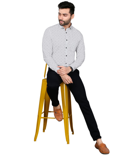 5thanfold Men's Formal Pure Cotton Full Sleeve Printed White Slim Fit Shirt