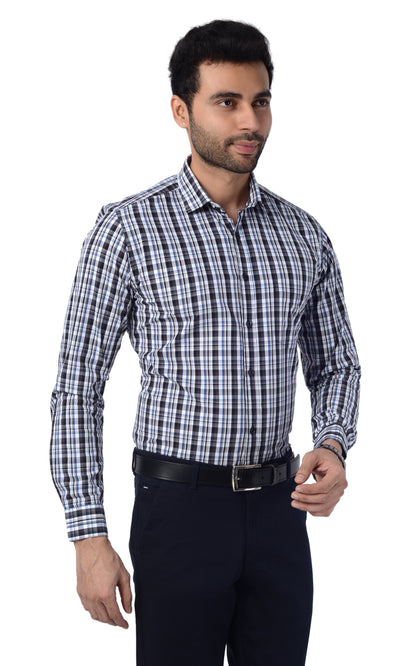 5thanfold Men's Formal Pure Cotton Full Sleeve Checkered White Slim Fit Shirt