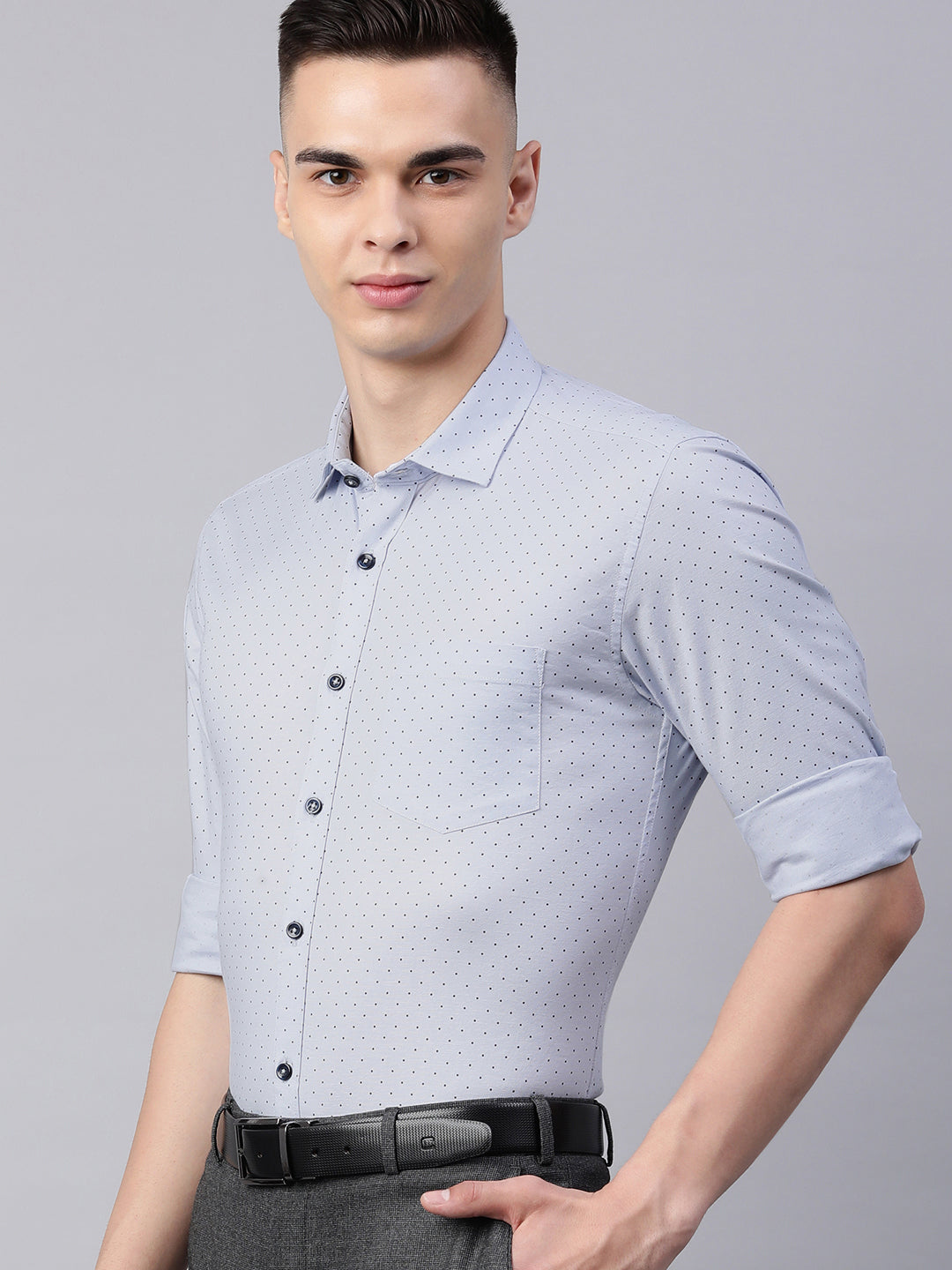 5thanfold Men's Formal  Pure Cotton Lycra (Stretch) Full Sleeve Polka Print Sky Blue Slim Fit Shirt