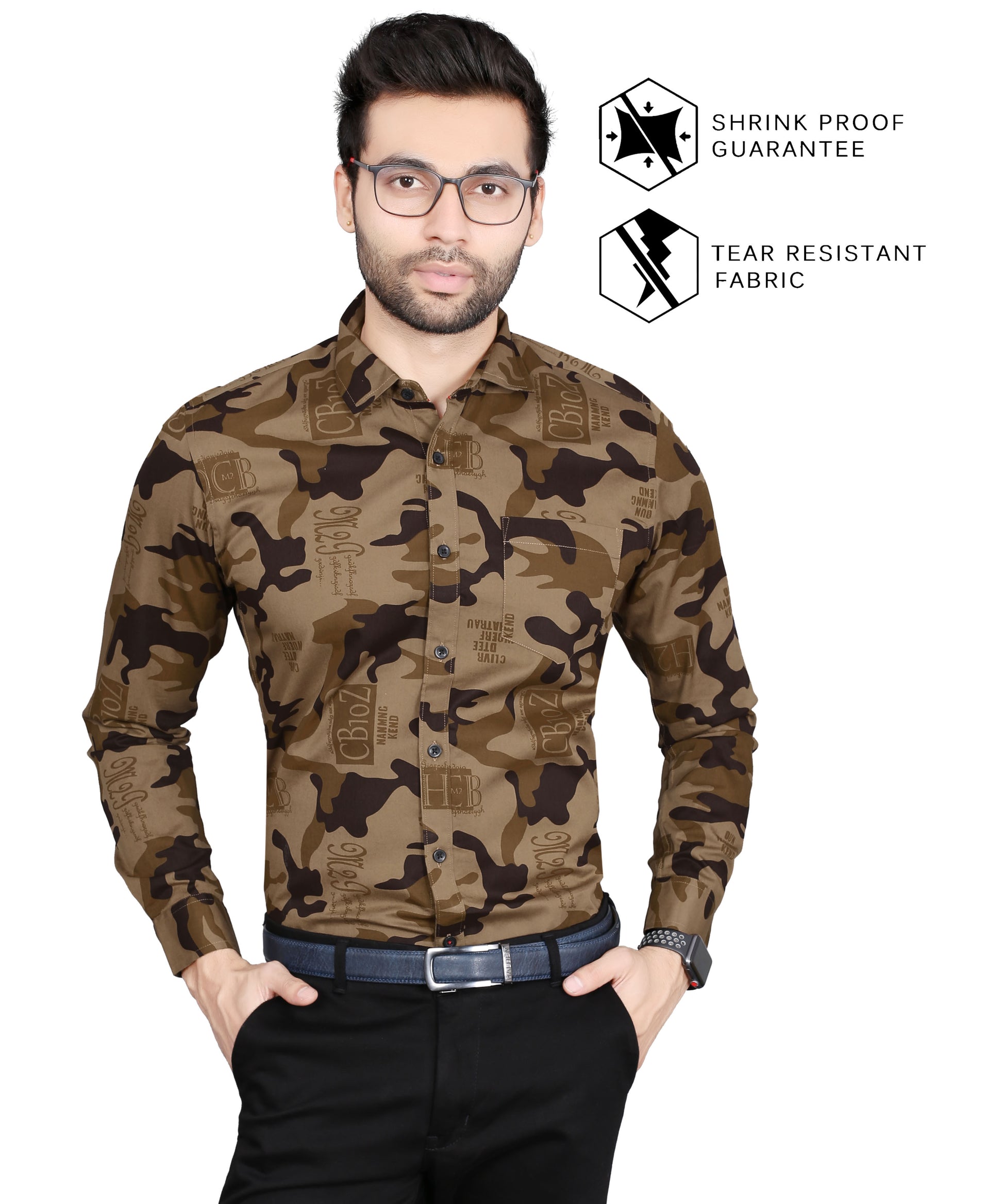 5thanfold Men's Formal Pure Cotton Full Sleeve Printed Brown Slim Fit Shirt