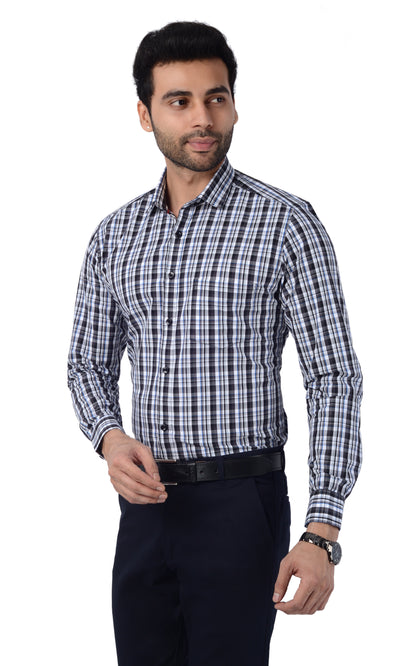 5thanfold Men's Formal Pure Cotton Full Sleeve Checkered White Slim Fit Shirt