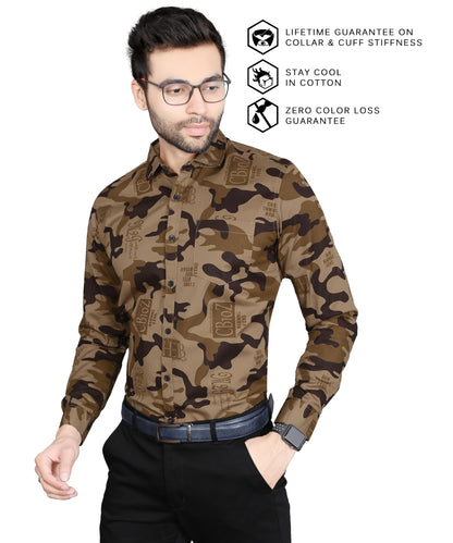 5thanfold Men's Formal Pure Cotton Full Sleeve Printed Brown Slim Fit Shirt