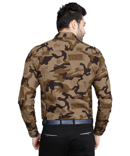 5thanfold Men's Formal Pure Cotton Full Sleeve Printed Brown Slim Fit Shirt