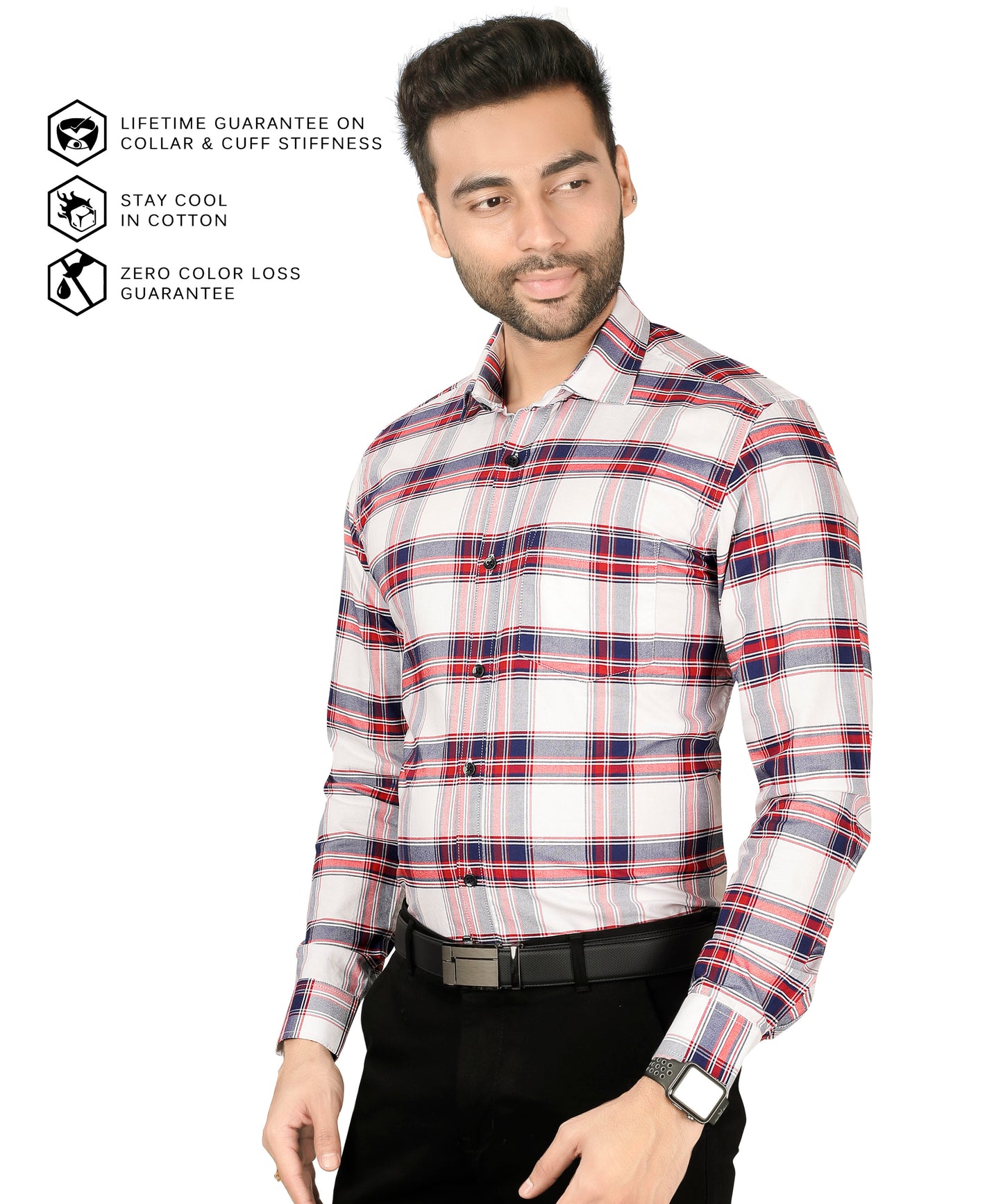 5thanfold Men's Formal Pure Cotton Full Sleeve Checkered White Slim Fit Shirt