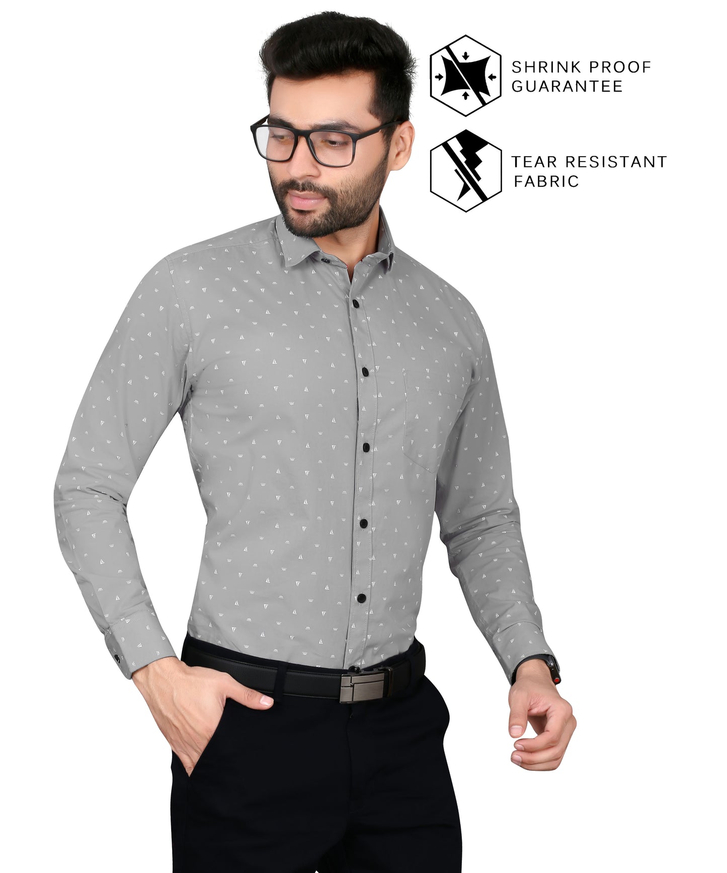 5thanfold Men's Formal Pure Cotton Full Sleeve Printed Grey Slim Fit Shirt