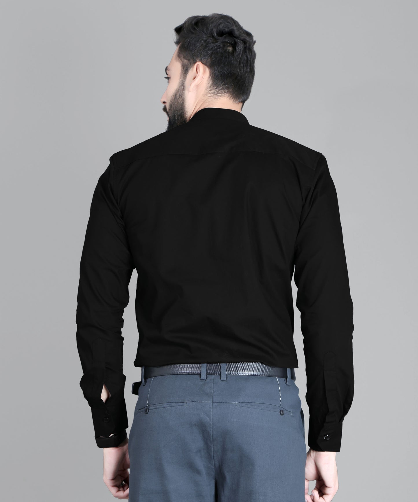 5thanfold Men's Formal Black Full Sleeve Pure Cotton Mandarin Collar Shirt (No Pocket)