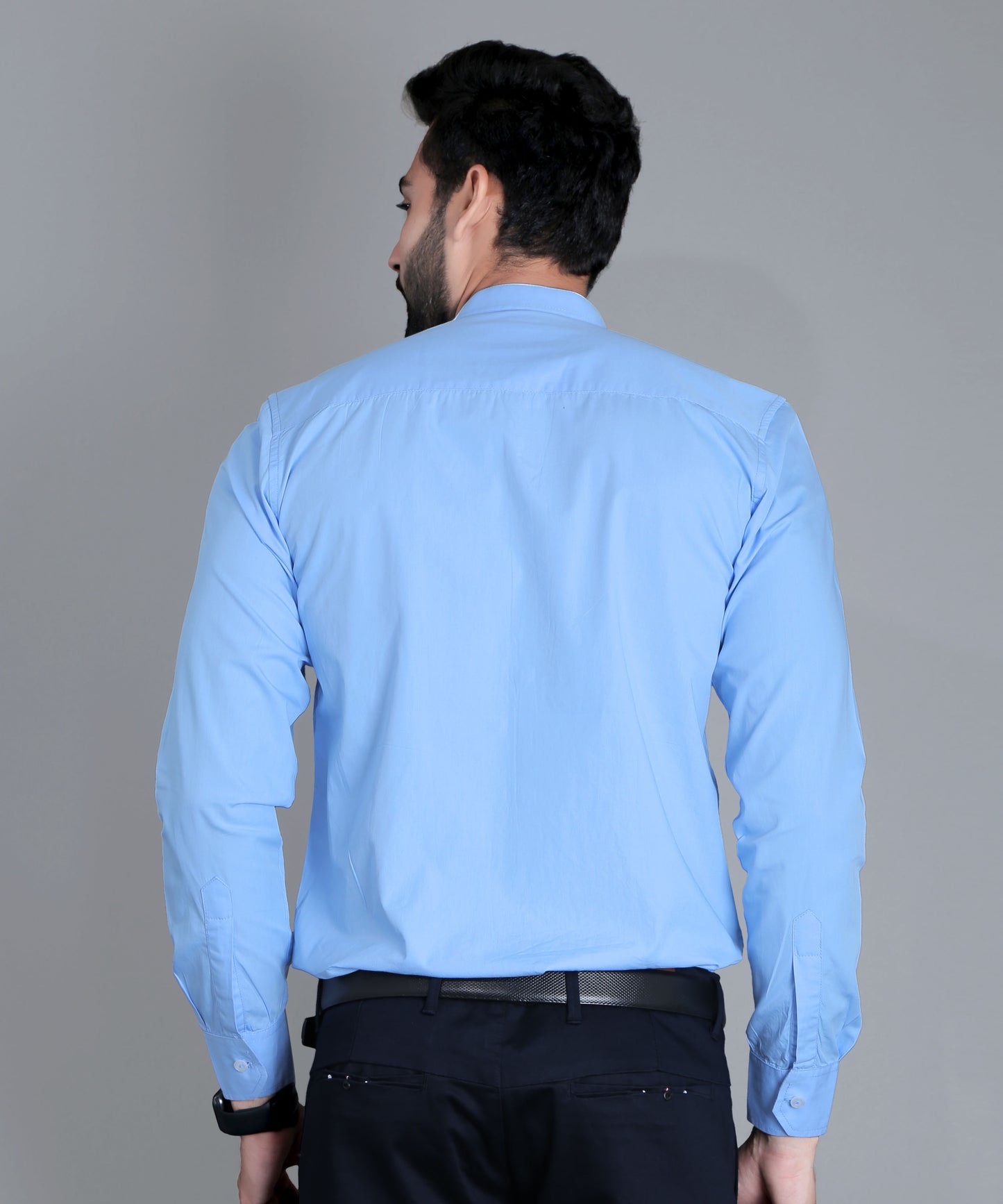 5thanfold Men's Formal Sky Blue Full Sleeve Pure Cotton Mandarin Collar Shirt (No Pocket)