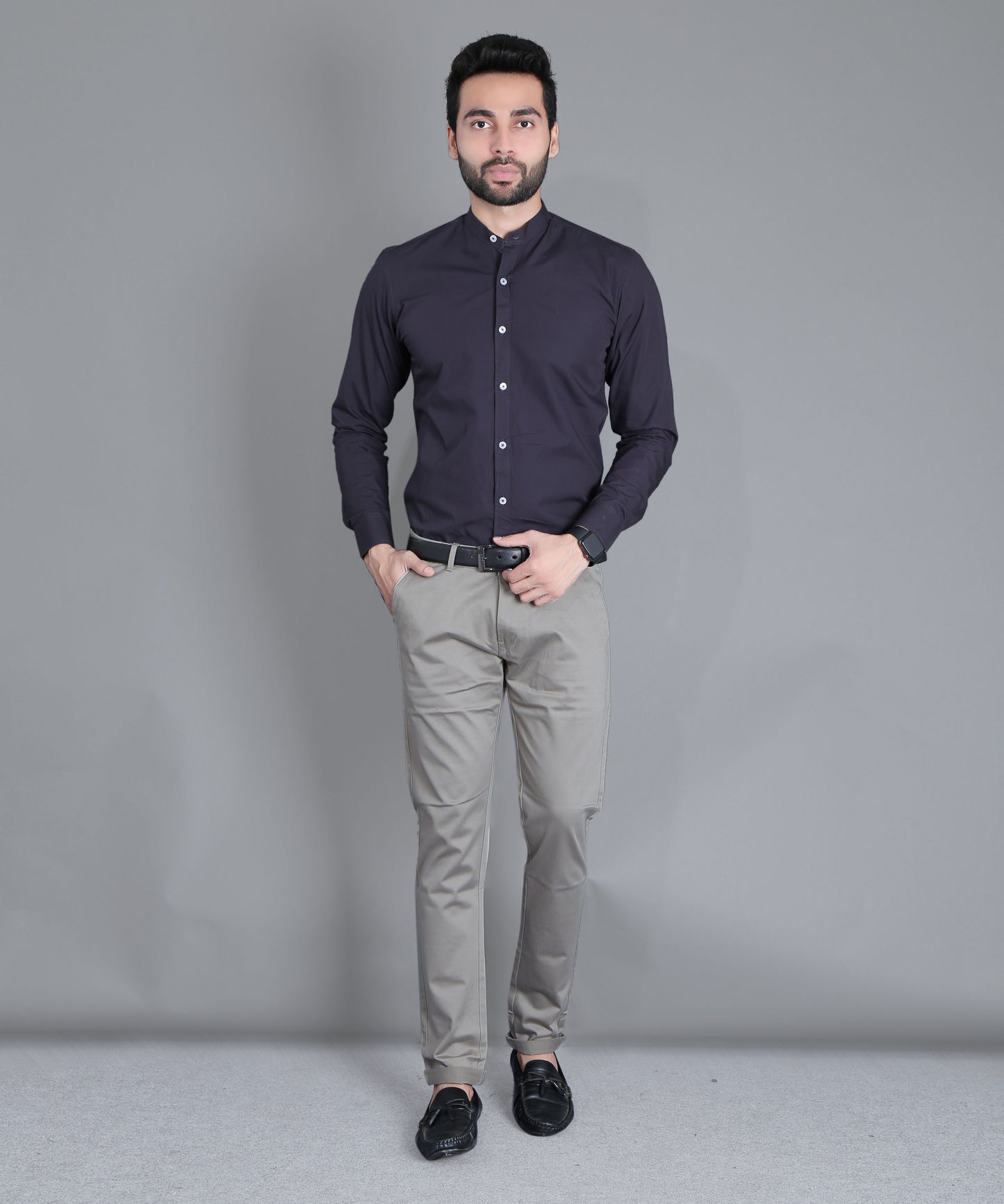 5thanfold Men's Formal Dark Grey Full Sleeve Pure Cotton Mandarin Collar Shirt (No Pocket)
