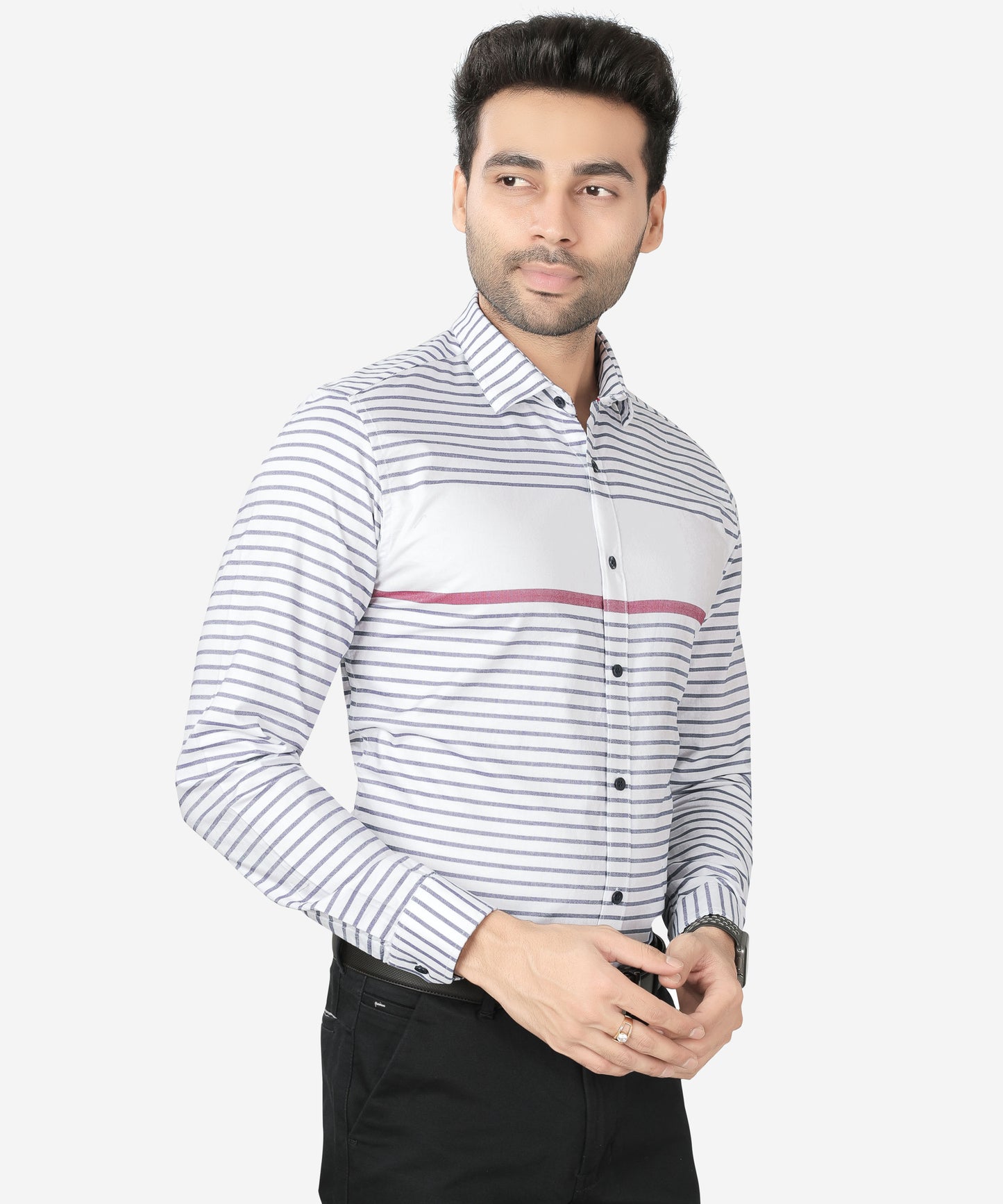 5thanfold Men's Formal Pure Cotton Full Sleeve Striped White Slim Fit Shirt