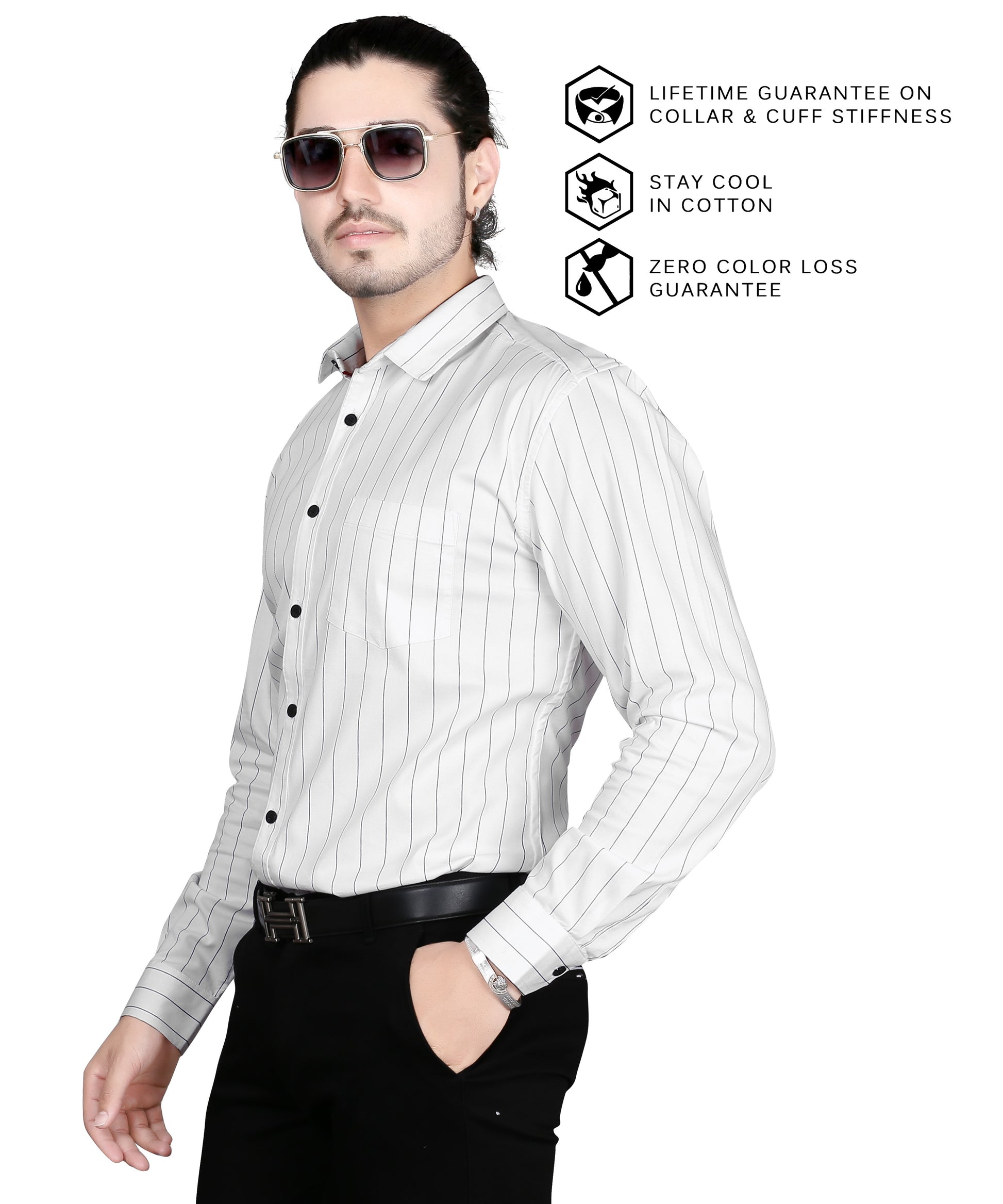 5thanfold Men's Pure Cotton Formal Full Sleeve Striped White Slim Fit Shirt