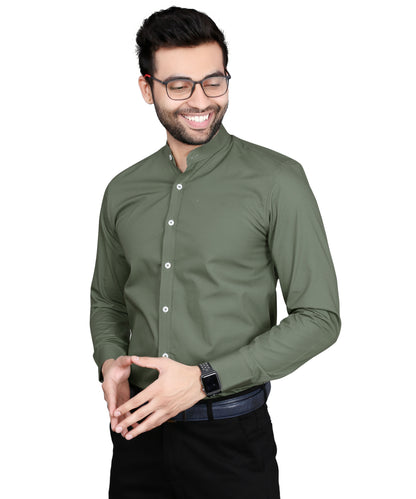 5thanfold Men's Formal Rusty Green Full Sleeve Pure Cotton Mandarin Collar Shirt (No Pocket)