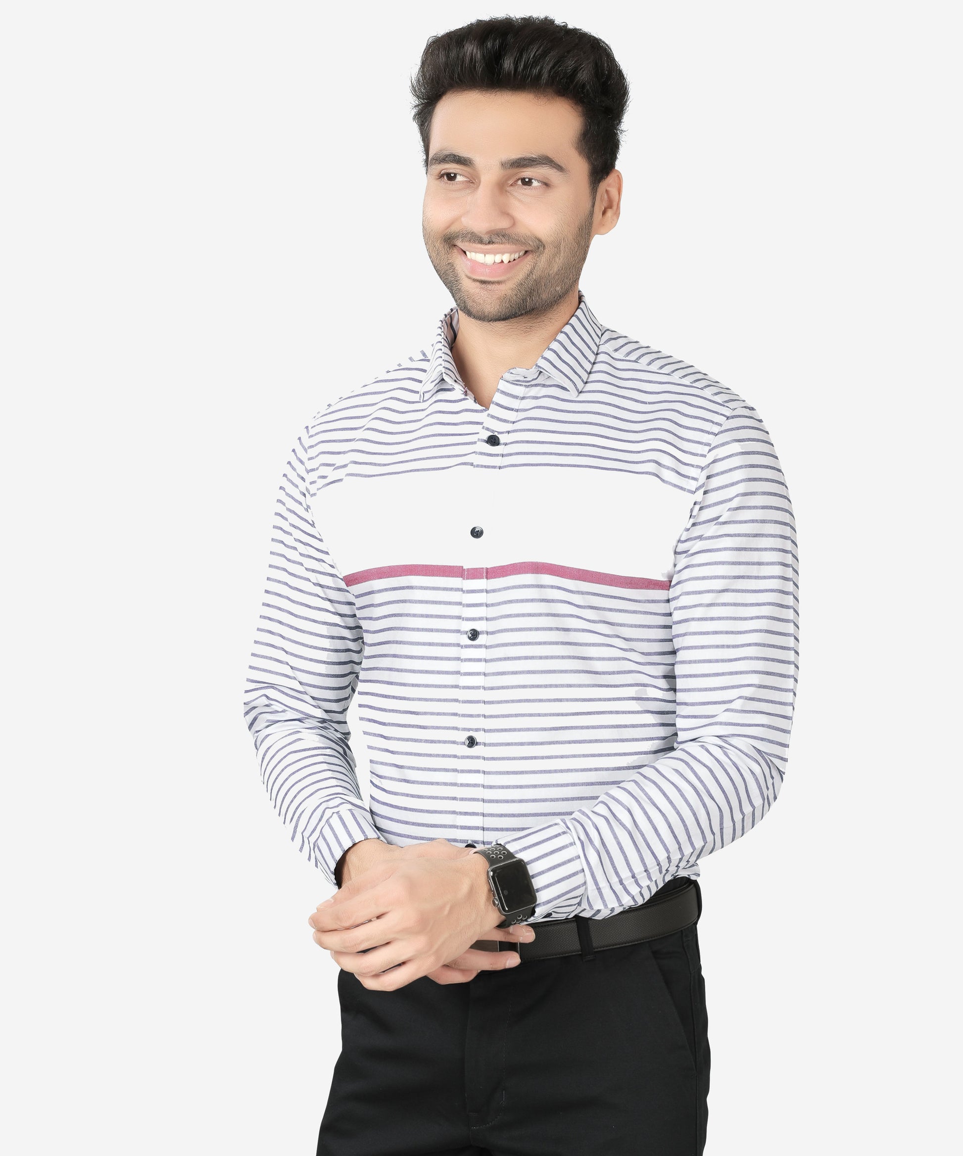 5thanfold Men's Formal Pure Cotton Full Sleeve Striped White Slim Fit Shirt