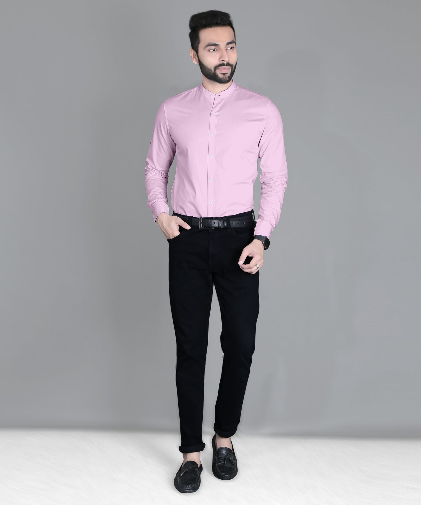 5thanfold Men's Formal Pink Full Sleeve Pure Cotton Mandarin Collar Shirt (No Pocket)
