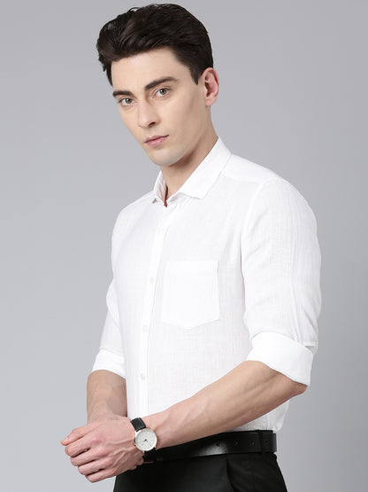 5thanfold Pure Linen Men Solid Formal White Slim Fit Full Sleev Spread Collar Shirt