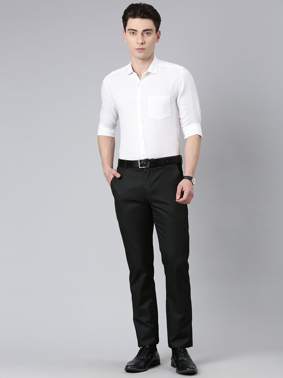 5thanfold Pure Linen Men Solid Formal White Slim Fit Full Sleev Spread Collar Shirt