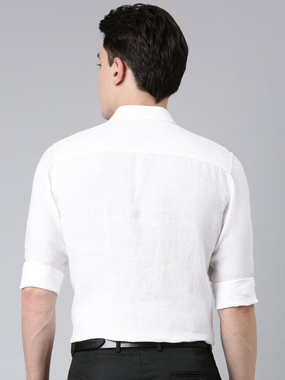 5thanfold Pure Linen Men Solid Formal White Slim Fit Full Sleev Spread Collar Shirt