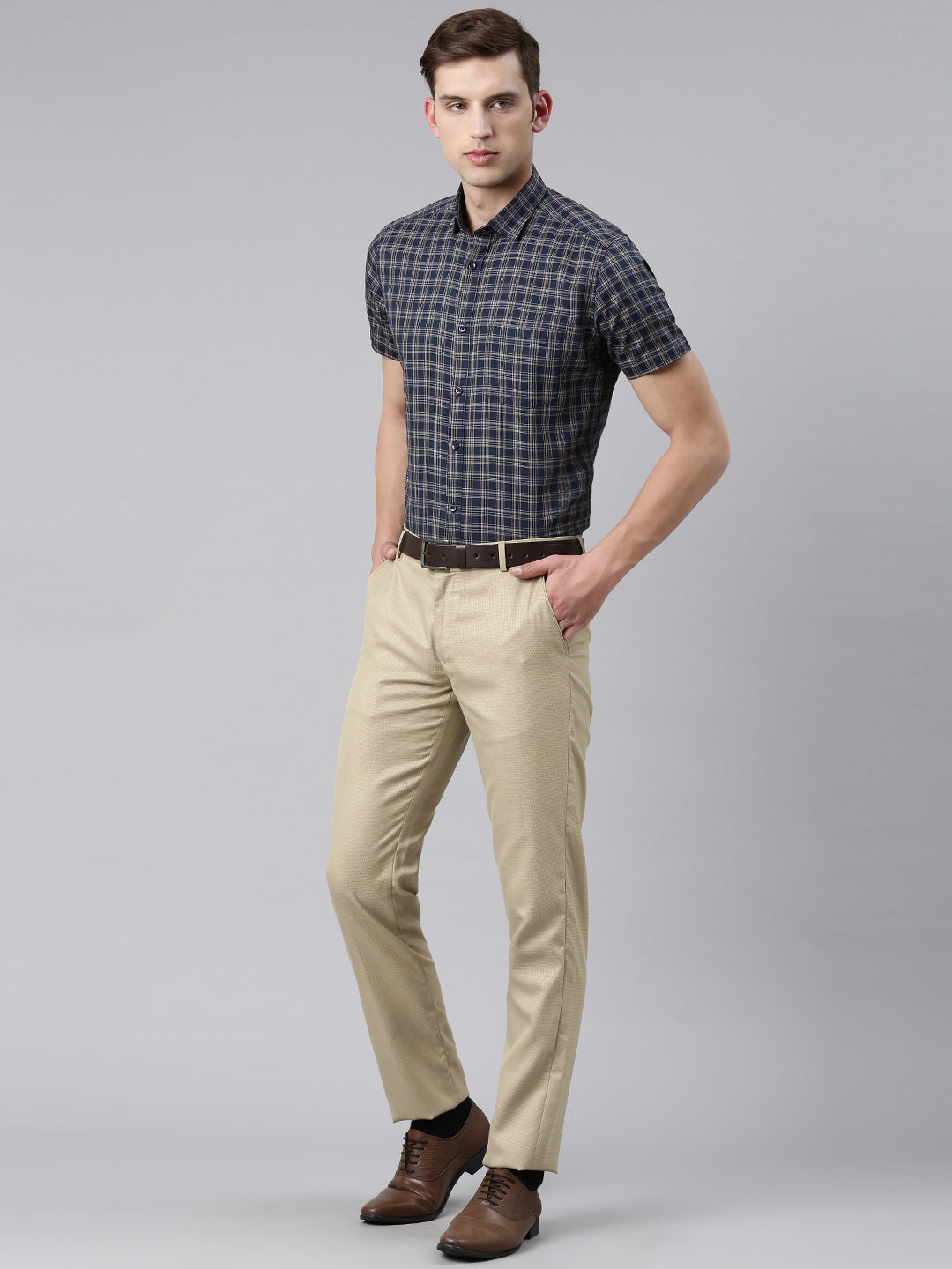 5thanfold Men's Formal Pure Cotton Half Sleeve Checkered Dark Blue Slim Fit Shirt