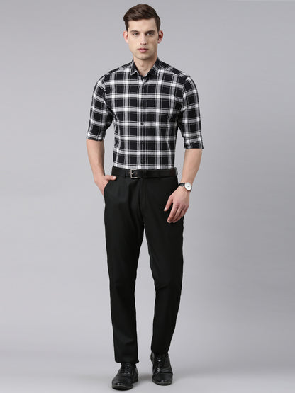 5thanfold Men's Formal Pure Cotton Full Sleeve Checkered Black Slim Fit Shirt