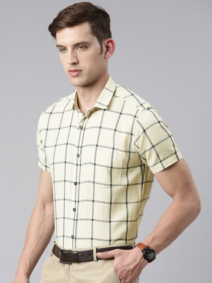 5thanfold Men's Formal Pure Cotton Half Sleeve Checkered Yellow Slim Fit Shirt