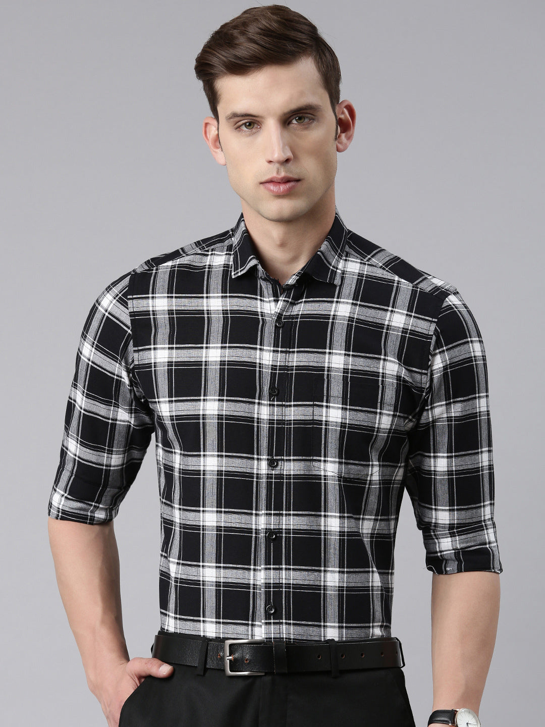 5thanfold Men's Formal Pure Cotton Full Sleeve Checkered Black Slim Fit Shirt