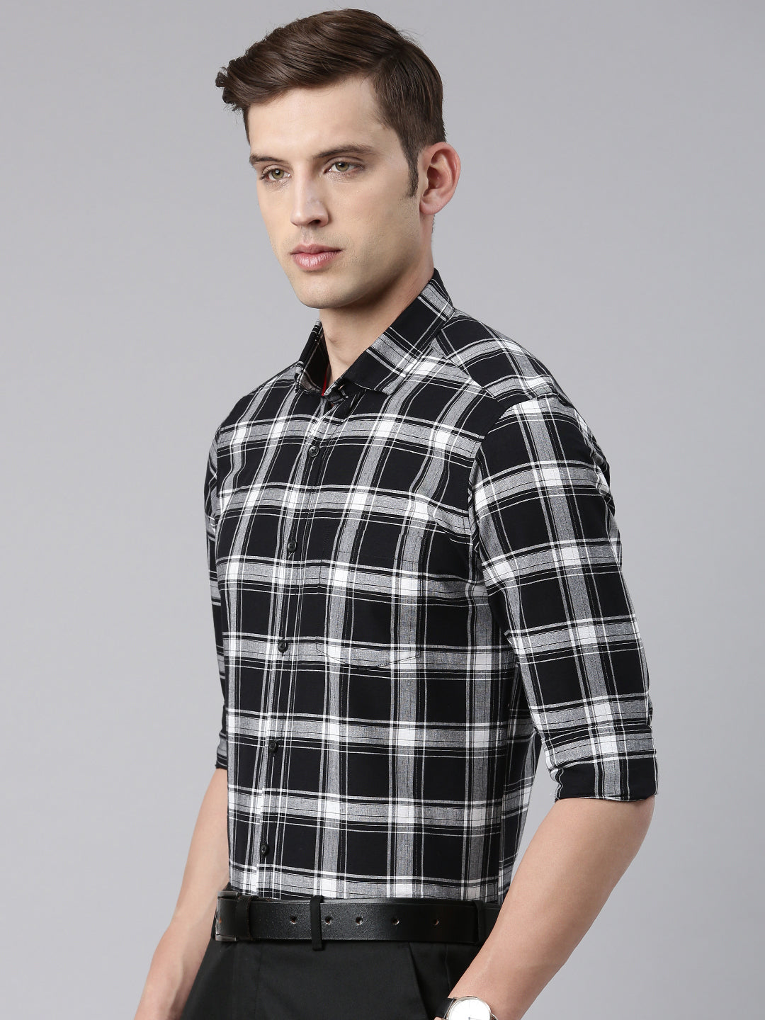 5thanfold Men's Formal Pure Cotton Full Sleeve Checkered Black Slim Fit Shirt